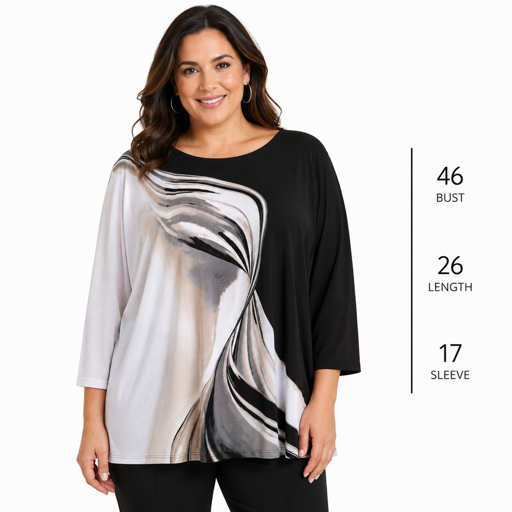 Chicos Easywear Black Gray Jersey Knit Stretch Pullover 3/4 Sleeve Print sz 2/ L
